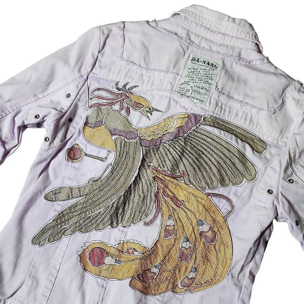 Da-Nang purple distressed embroidered peacock bird cargo button down jacket - Picture 3 of 6